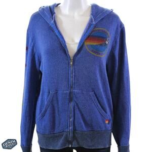 Aviator Nation Vintage Ribbed Aspen‎ Rainbow Full Zip Hoodie Blue Small Ski Logo